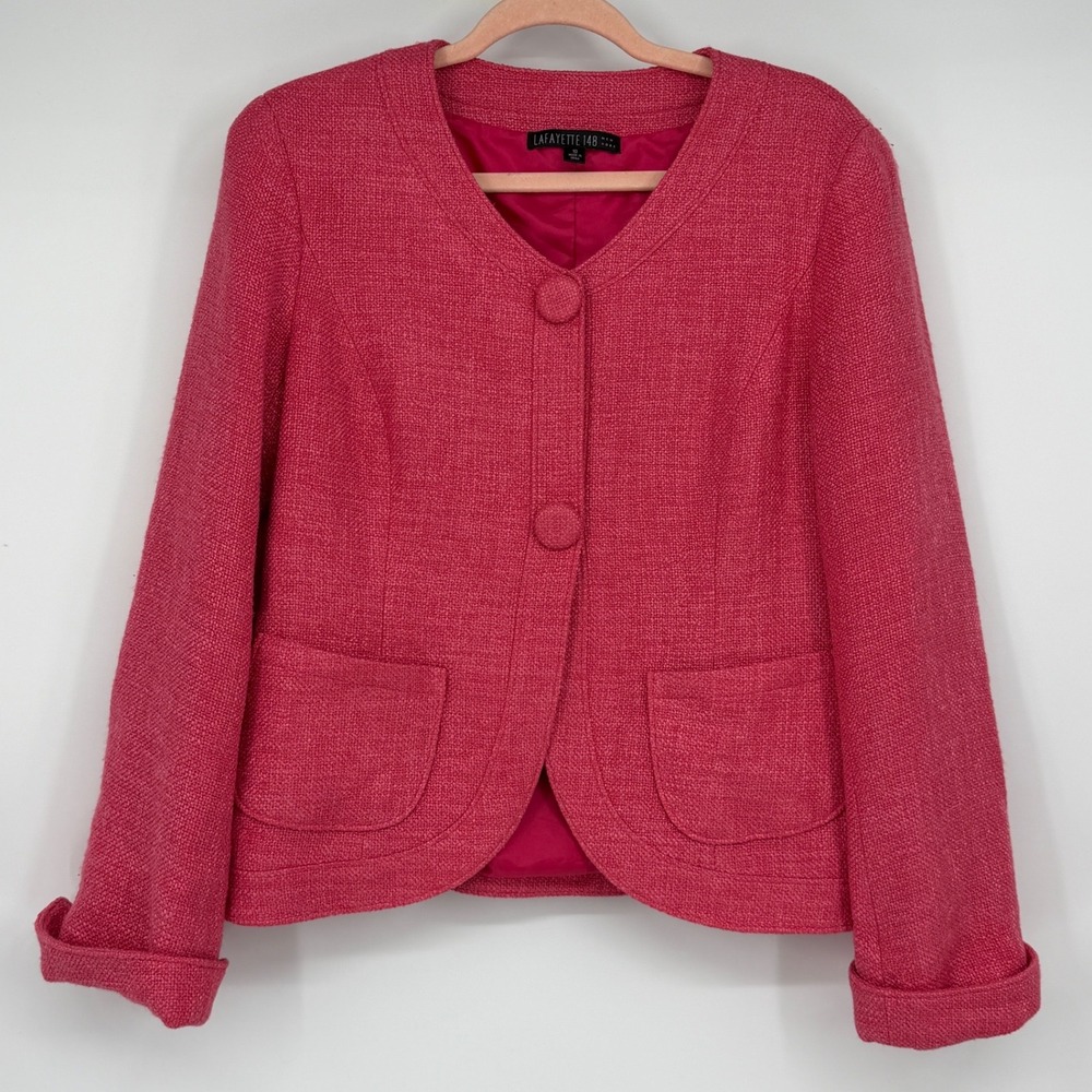 Lafayette 148 New York Pink Tweed Textured Blazer Jacket Size 10 Button Front